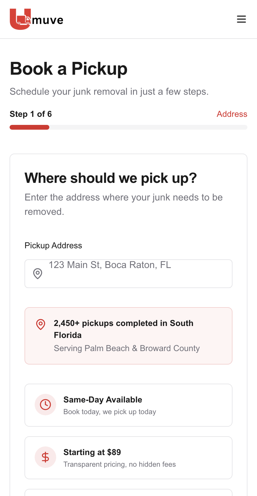 The Umuve app — book a same-day junk pickup in South Florida with the price up front